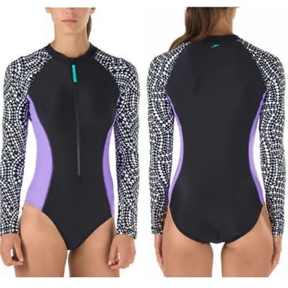 Speedo Other - Speedo Womens Long Sleeve Swimsuit 1-pc Rash Guard medium black white purple